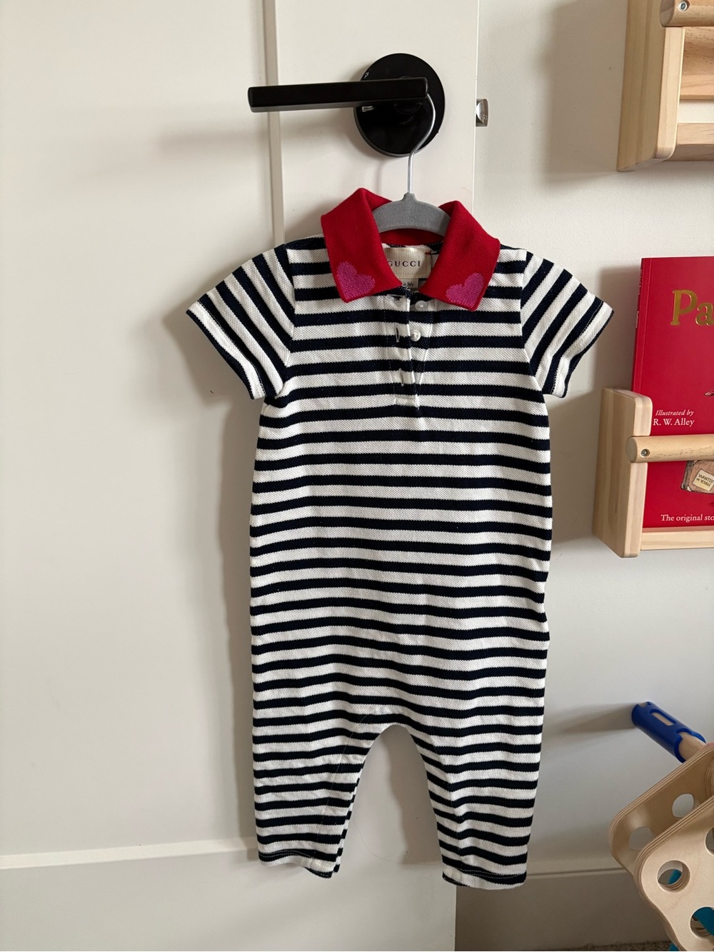 Gucci Kids navy & White Stripe One-Piece with Red Collar